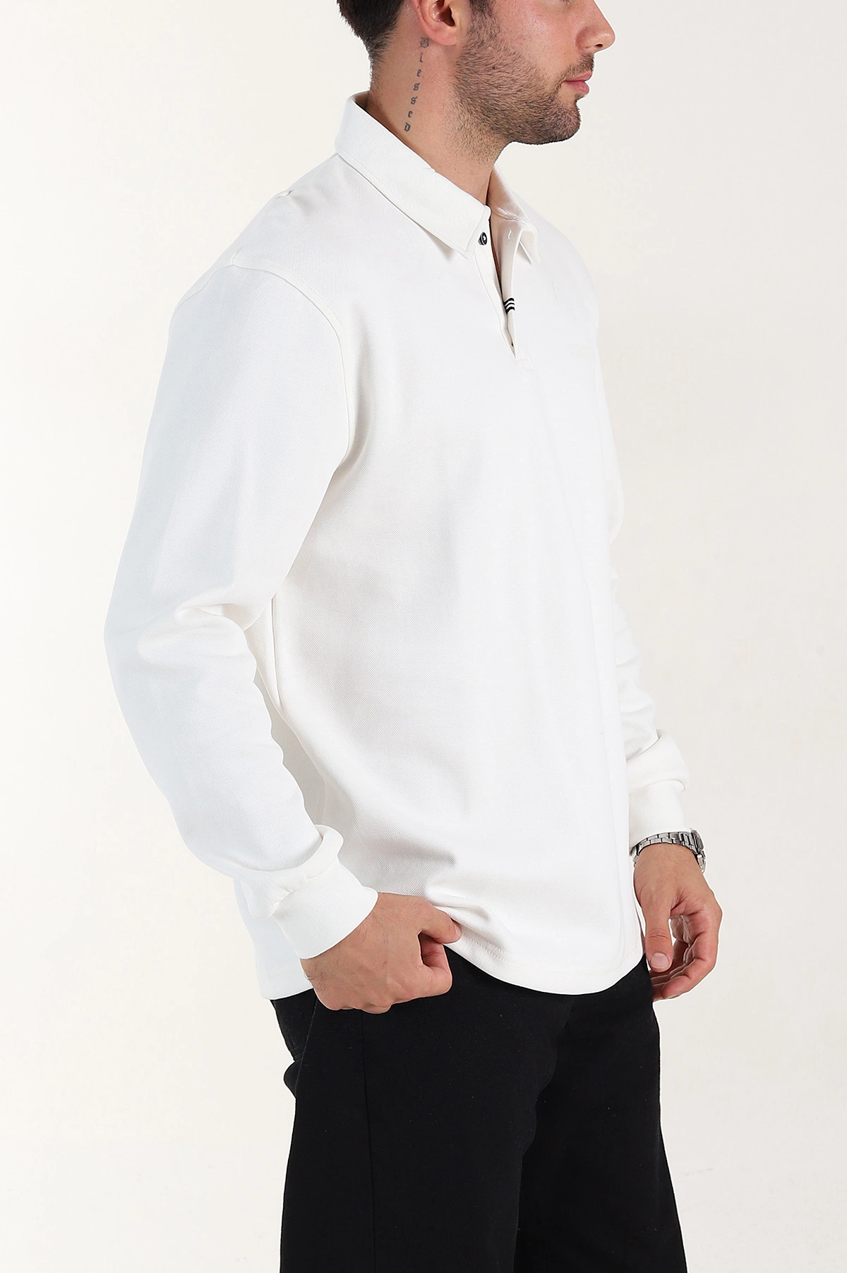 Beyaz Relaxed Fit Pike Dokulu Düğmeli Polo Yaka Erkek Sweatshirt 400882