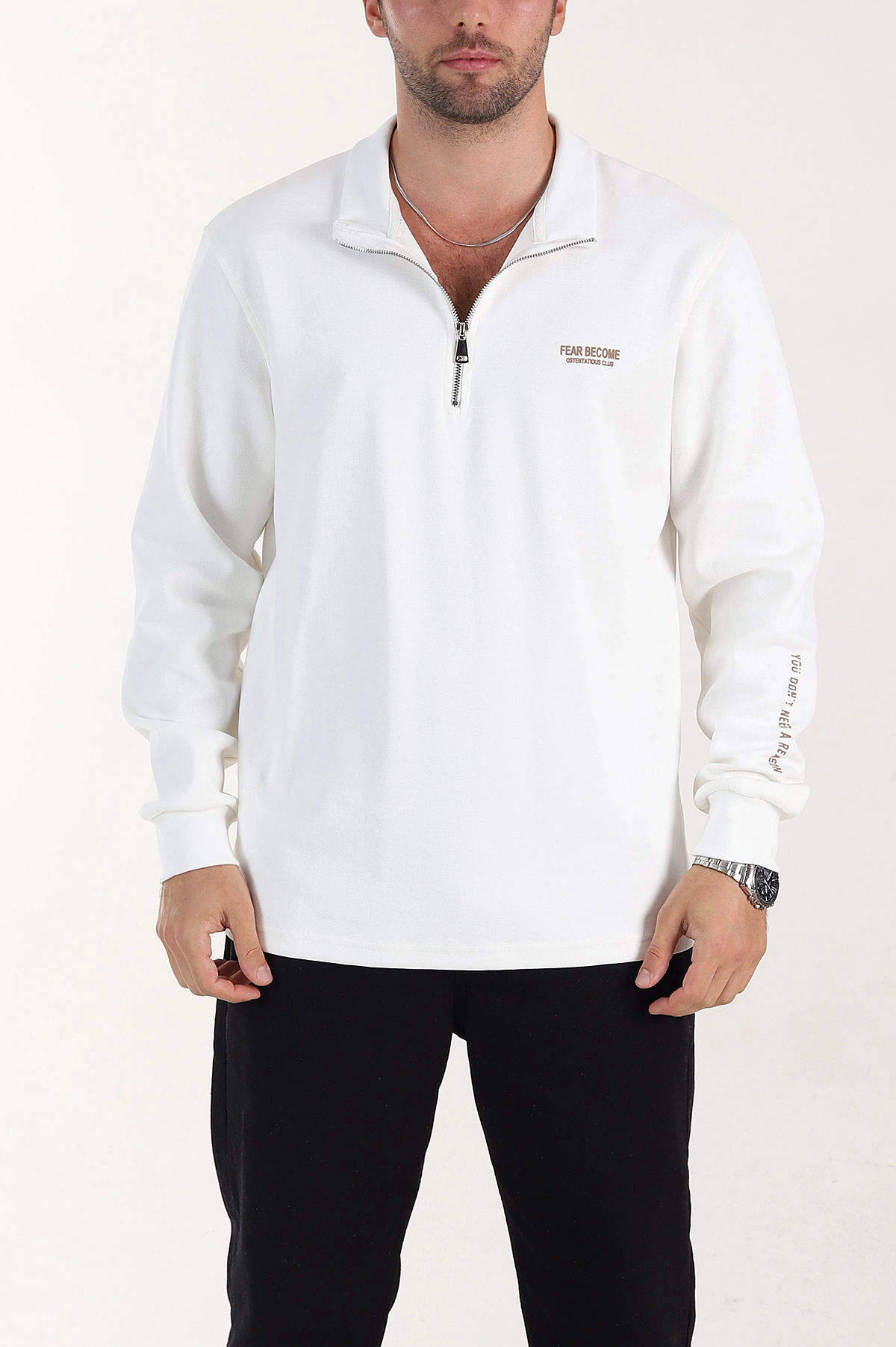 Beyaz Relaxed Fit Pike Dokulu Yarım Fermuarlı Erkek Sweatshirt 400877