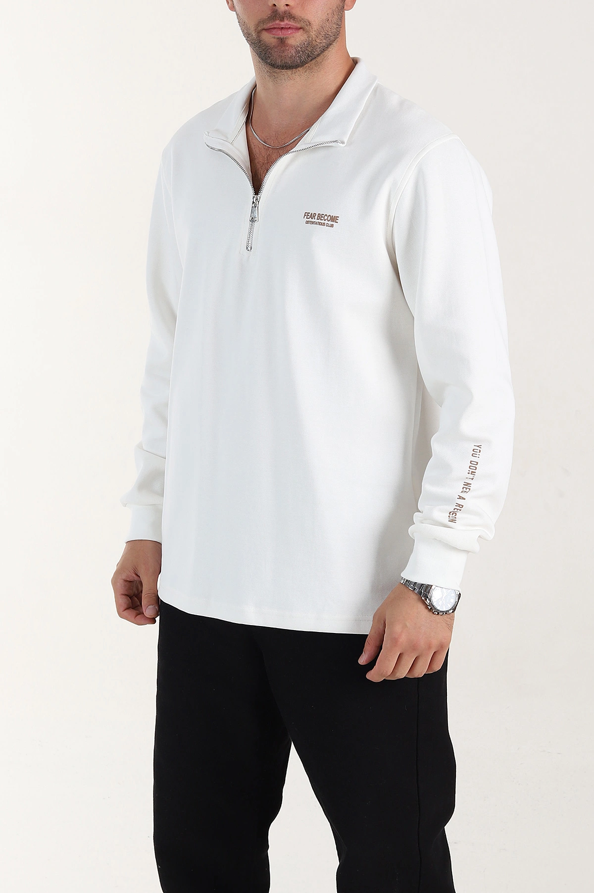 Beyaz Relaxed Fit Pike Dokulu Yarım Fermuarlı Erkek Sweatshirt 400877