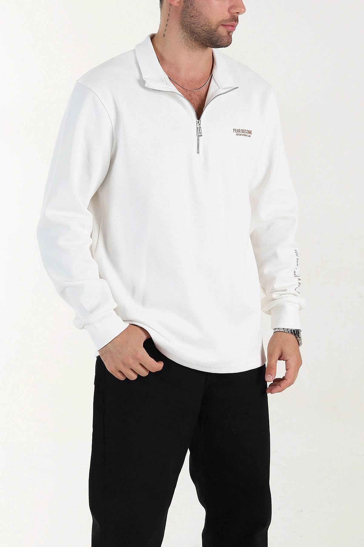Beyaz Relaxed Fit Pike Dokulu Yarım Fermuarlı Erkek Sweatshirt 400877