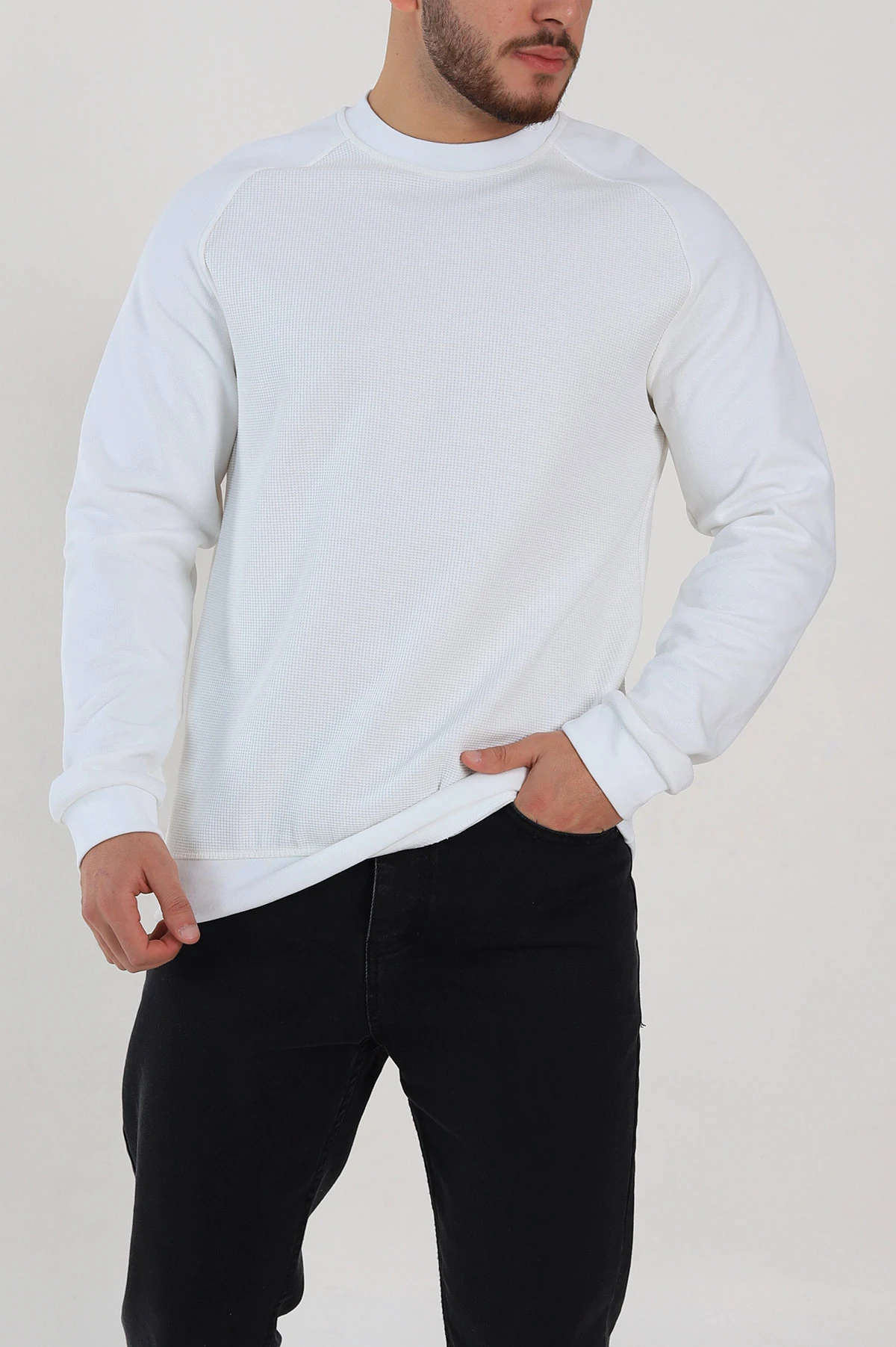 Beyaz Relaxed Fit Pike Kumaş Reglan Kollu Basic Sweatshirt 317690