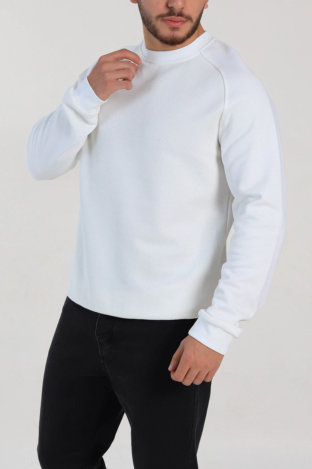 Beyaz Relaxed Fit Pike Kumaş Reglan Kollu Basic Sweatshirt 317690