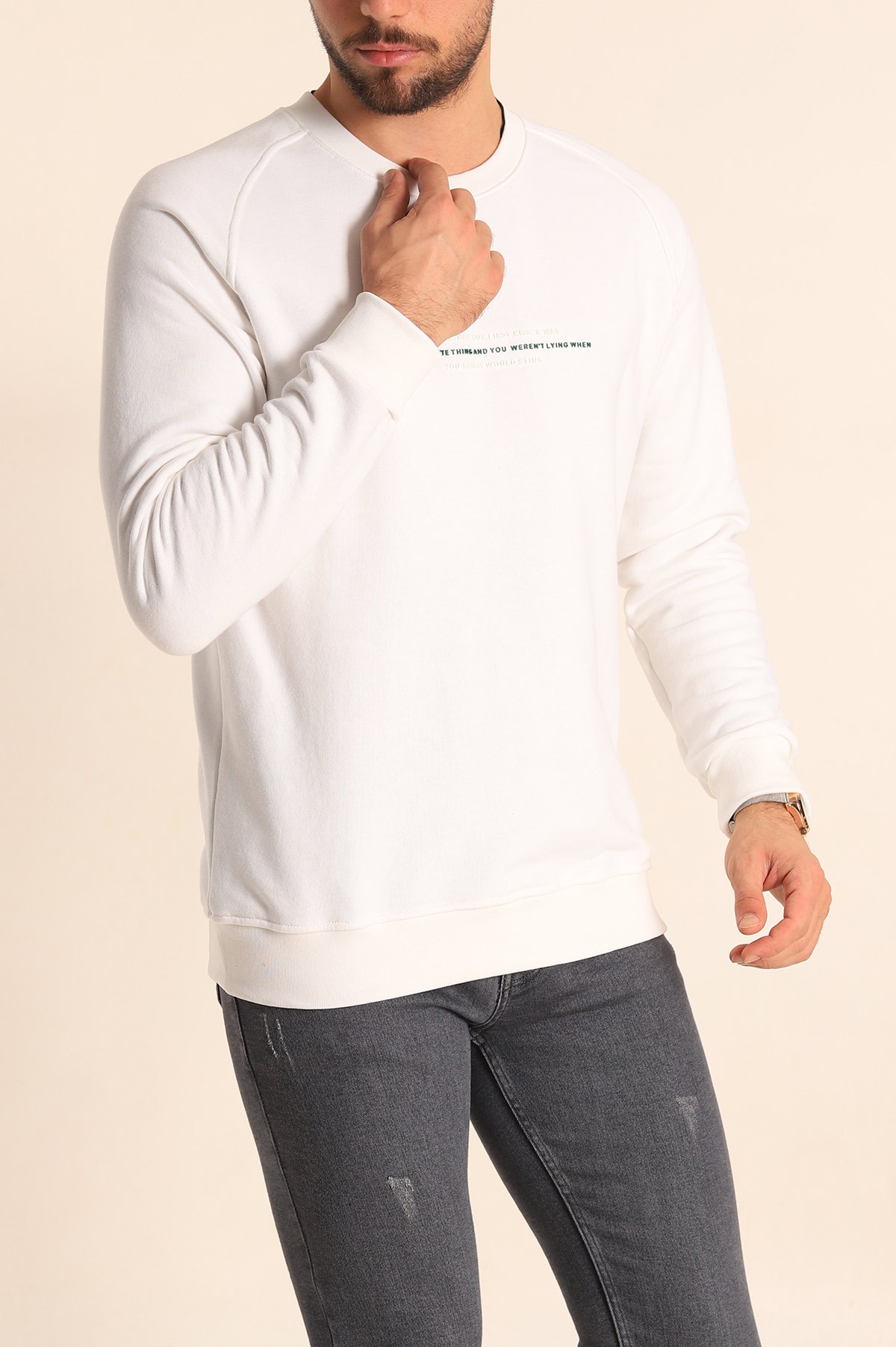 Beyaz Relaxed Fit Şardonsuz Kabartma Yazılı Erkek Sweatshirt 221468