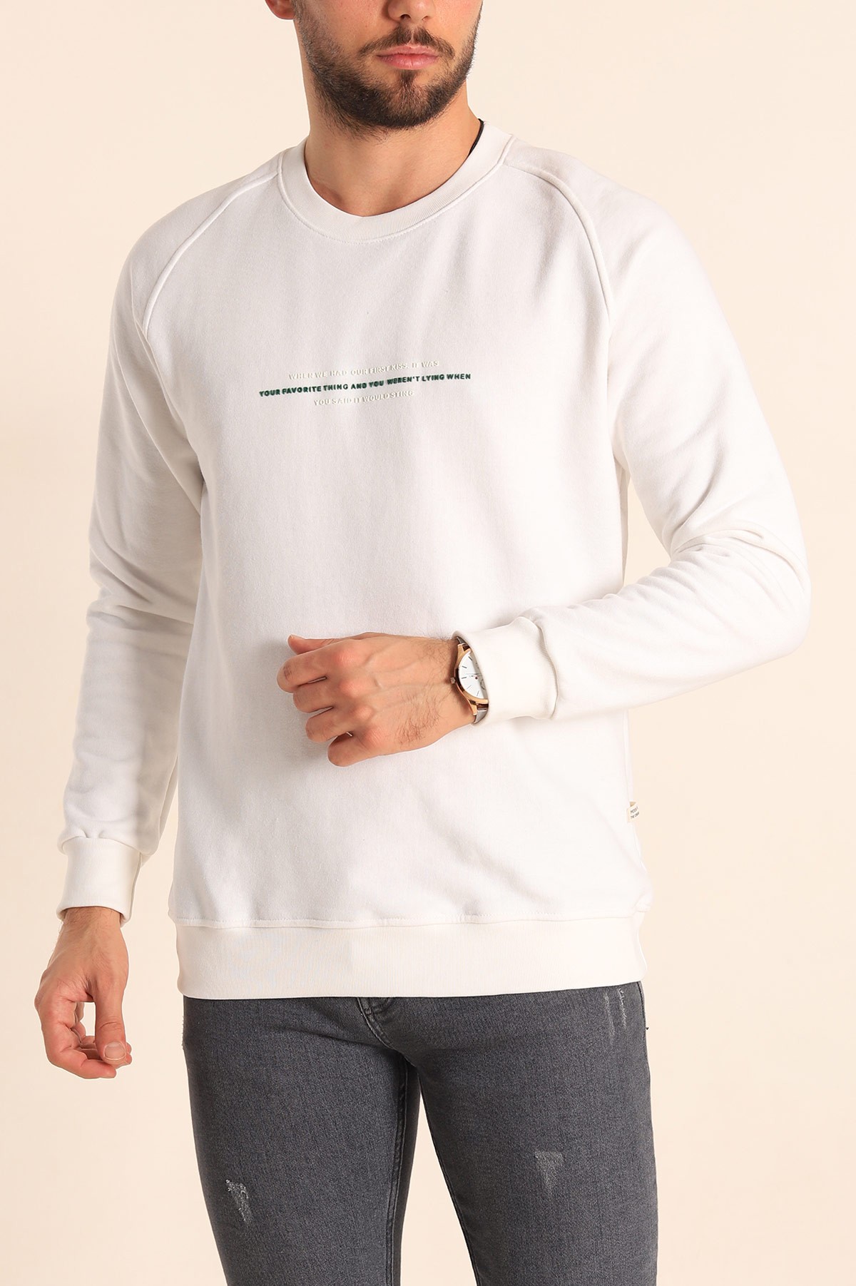 Beyaz Relaxed Fit Şardonsuz Kabartma Yazılı Erkek Sweatshirt 221468