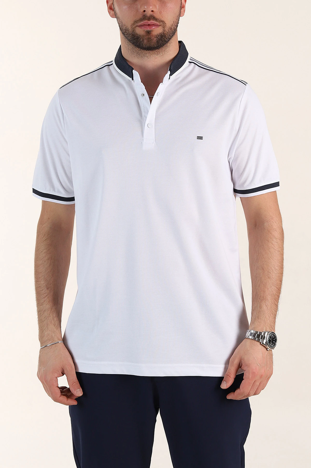 Beyaz Relaxed Fit Şerit Detaylı Polo Yaka Erkek Tişört 359114
