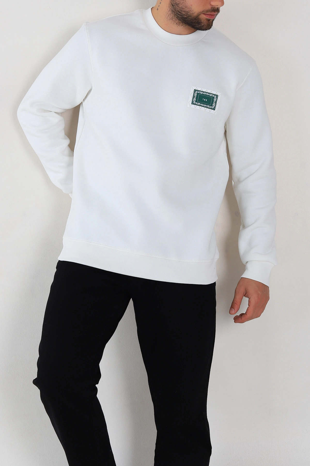 Beyaz Relaxed Fit Üç İp Şardonlu Baskılı Erkek Sweatshirt 309657