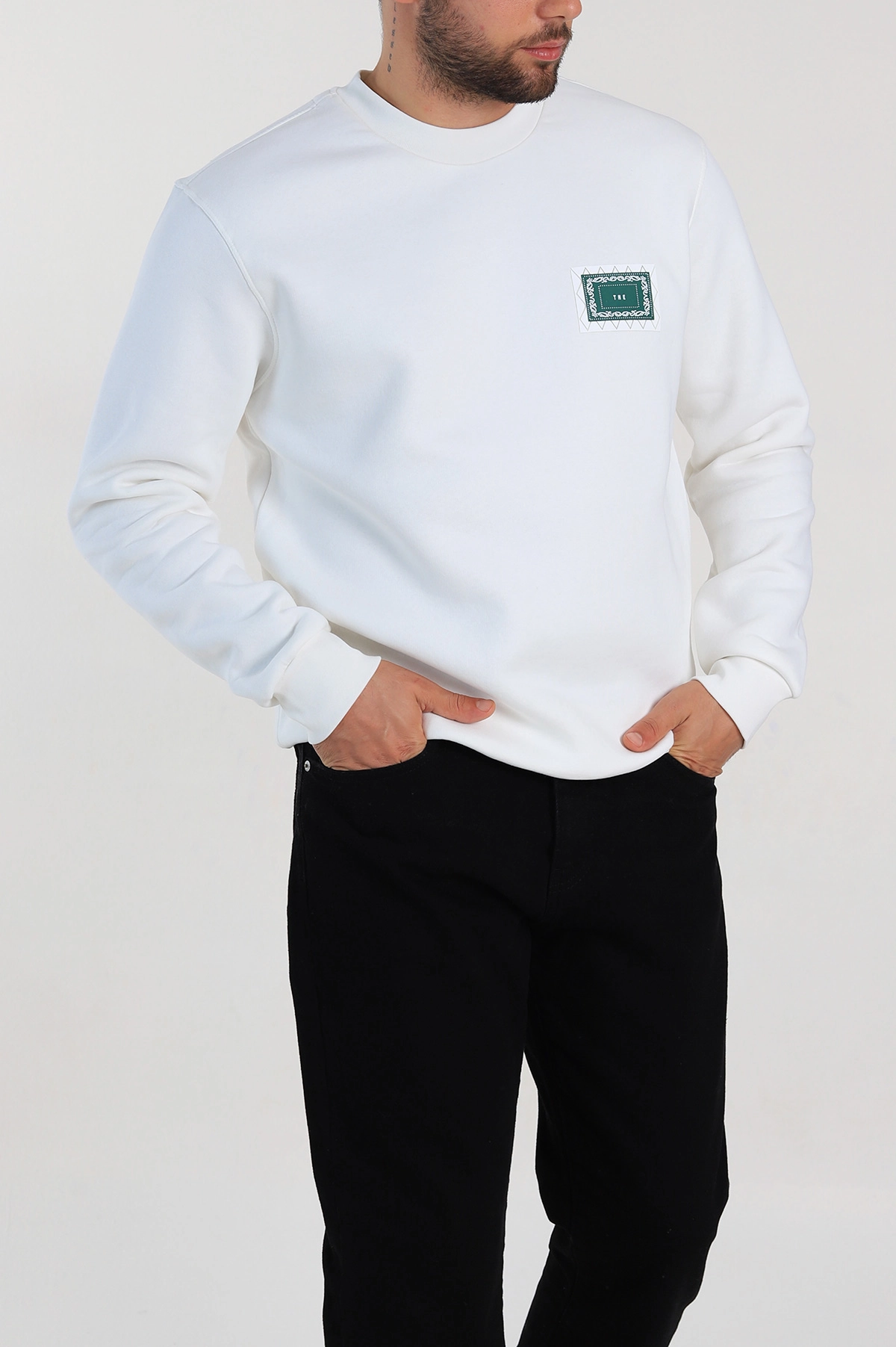 Beyaz Relaxed Fit Üç İp Şardonlu Baskılı Erkek Sweatshirt 309657