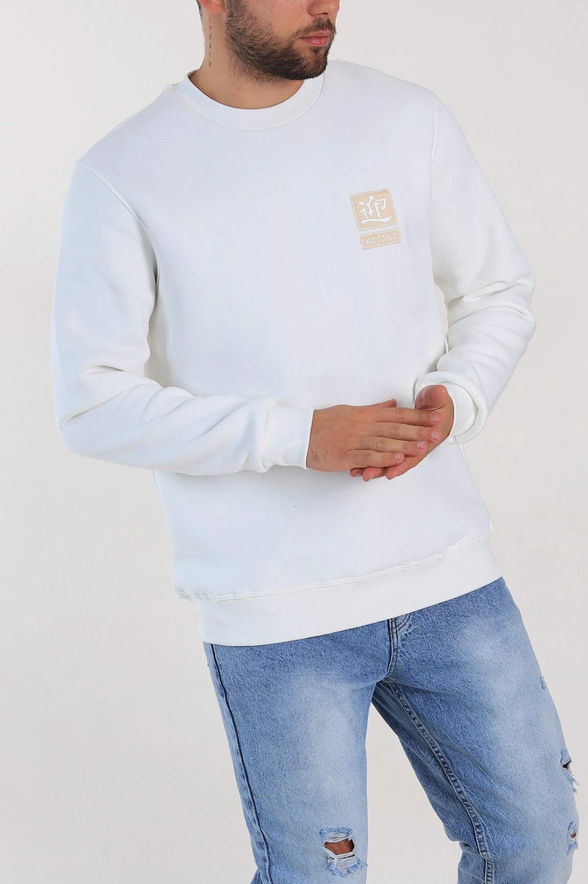 Beyaz Relaxed Fit Üç İp Şardonlu Kabartma Detaylı Erkek Sweatshirt 309883