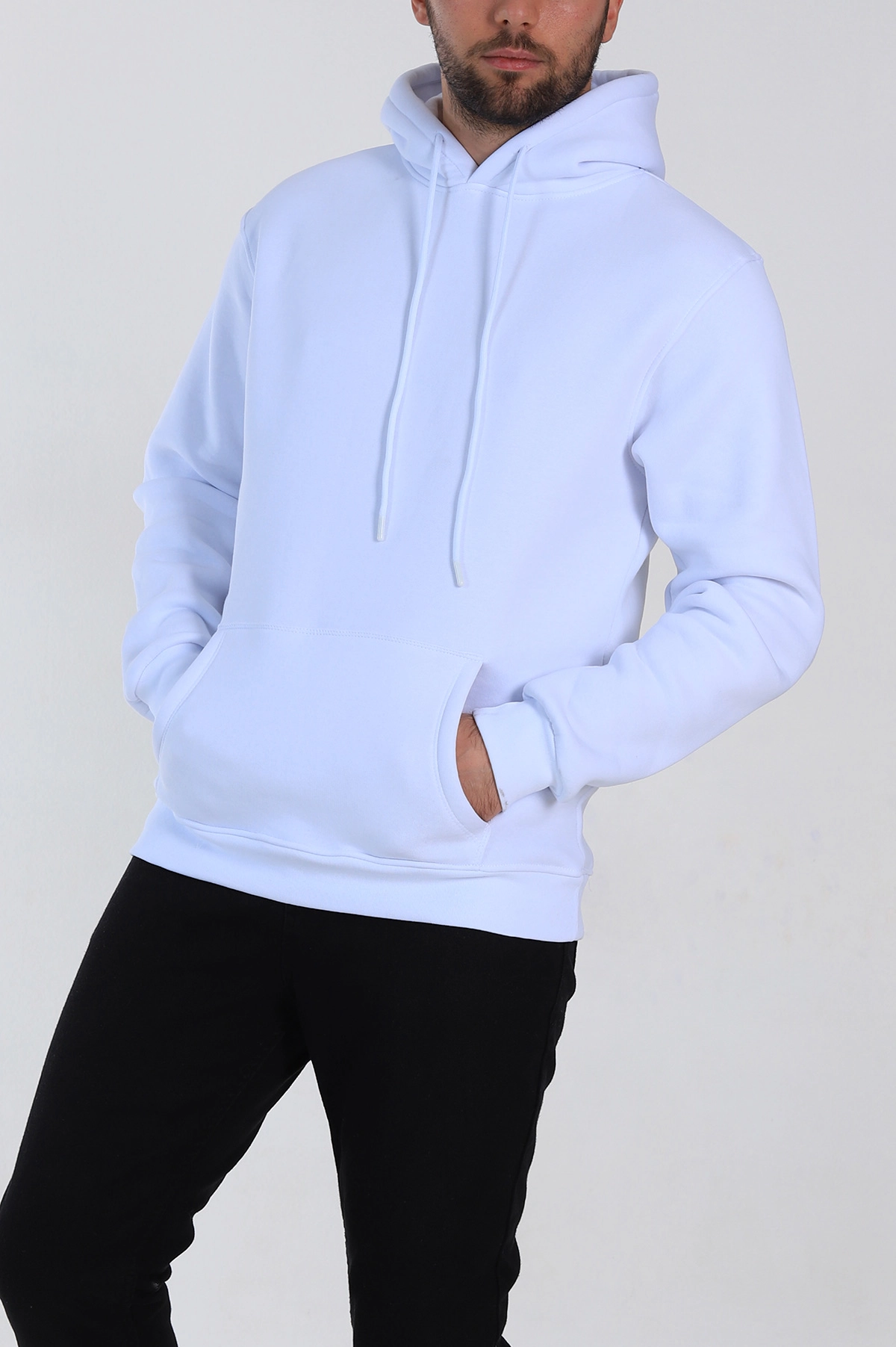 Beyaz Relaxed Fit Üç İp Şardonlu Kapüşonlu Basic Erkek Sweatshirt 331524