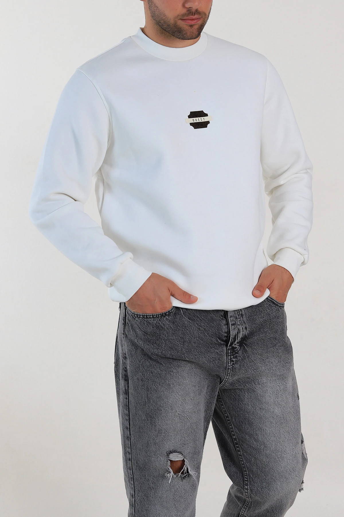 Beyaz Relaxed Fit Üç İp Şardonlu Logo Detaylı Erkek Sweatshirt 309859