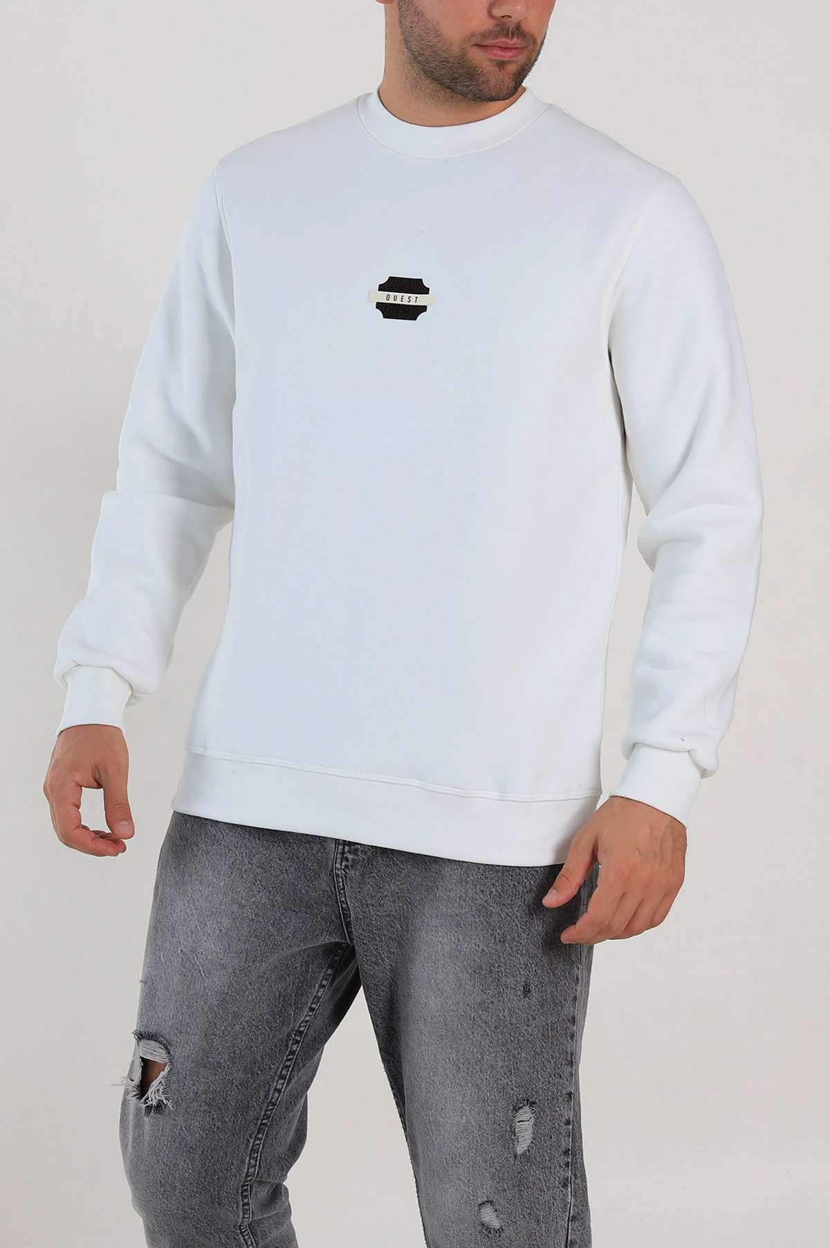Beyaz Relaxed Fit Üç İp Şardonlu Logo Detaylı Erkek Sweatshirt 309859