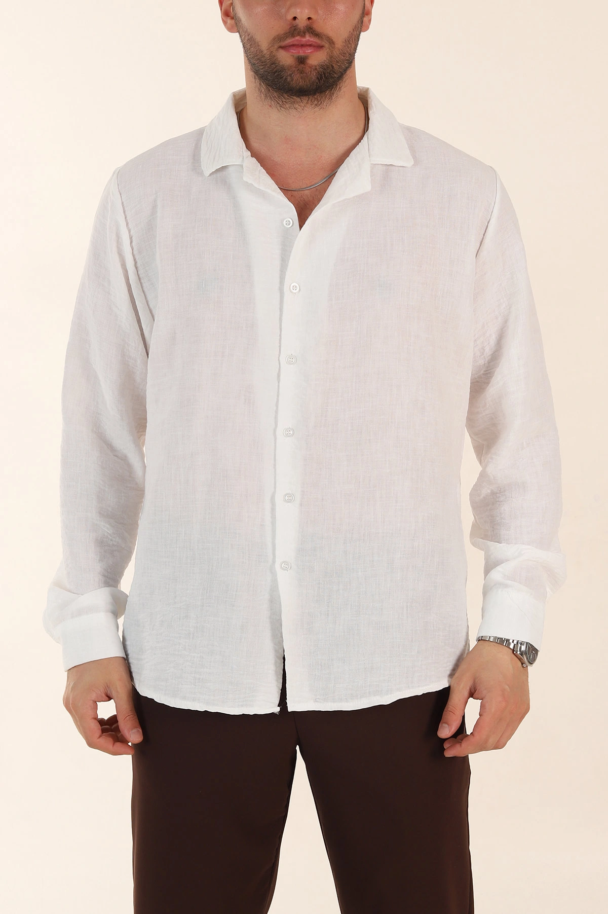Beyaz Relaxed Fit Uzun Kollu Apaş Yaka Erkek Gömlek 367436