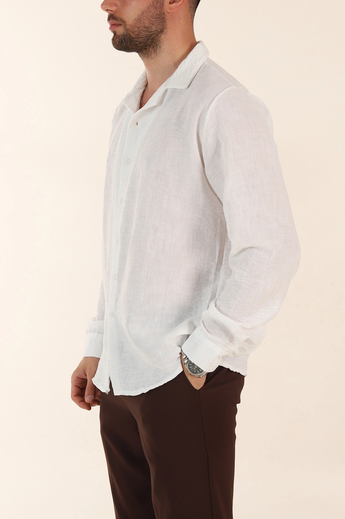 Beyaz Relaxed Fit Uzun Kollu Apaş Yaka Erkek Gömlek 367436
