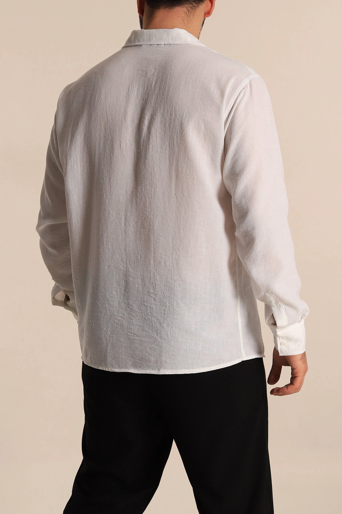 Beyaz Relaxed Fit Uzun Kollu Keten Erkek Gömlek 275528