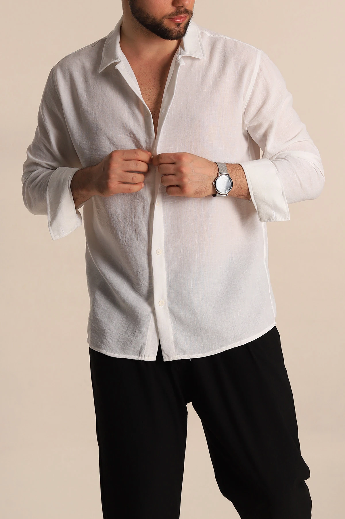 Beyaz Relaxed Fit Uzun Kollu Keten Erkek Gömlek 275528