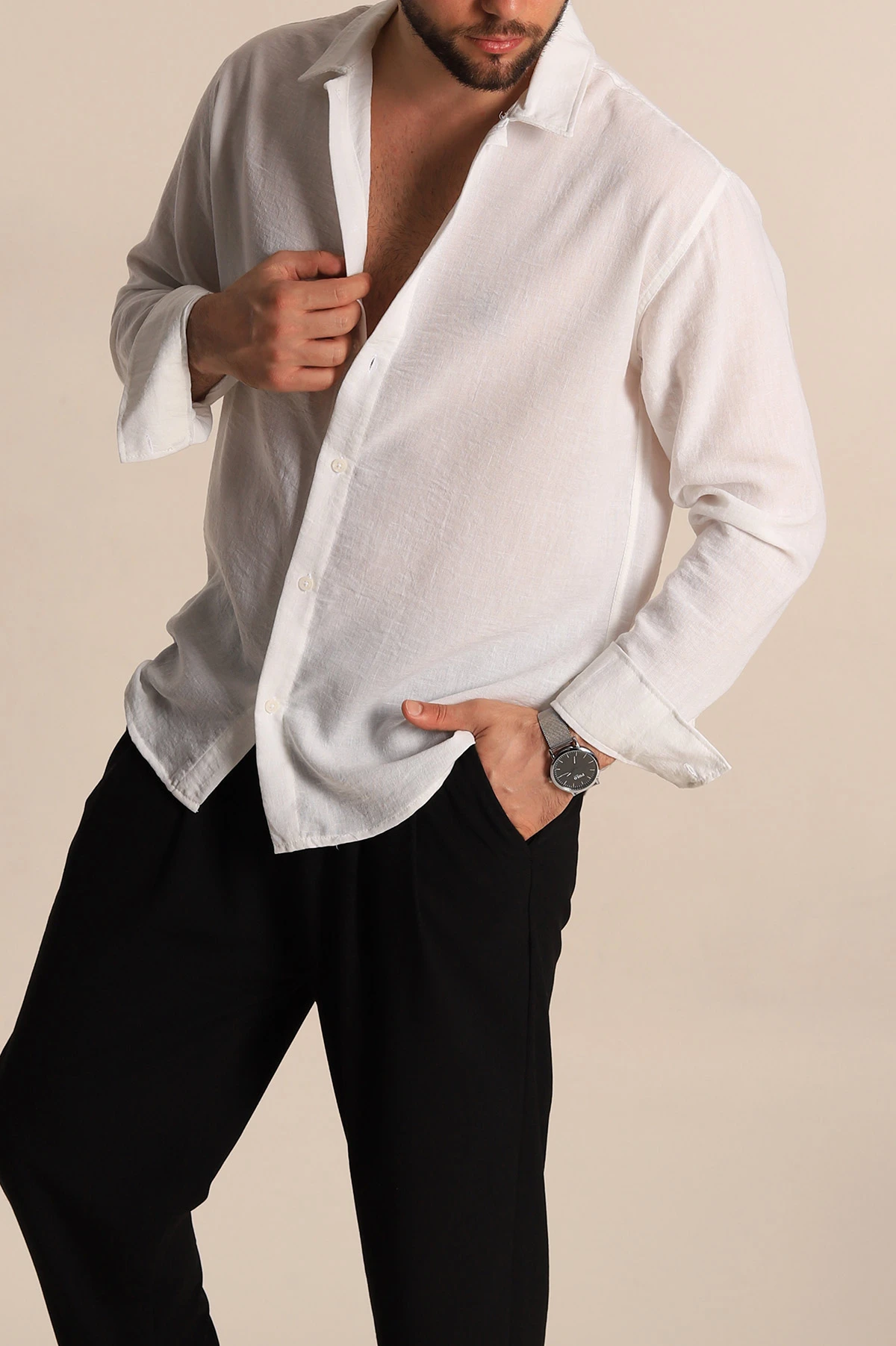 Beyaz Relaxed Fit Uzun Kollu Keten Erkek Gömlek 275528