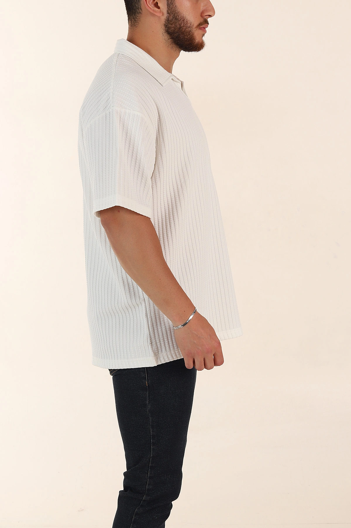 Beyaz Relaxed Fit Waffle Dokulu Patlı Polo Yaka Erkek Tişört 370299