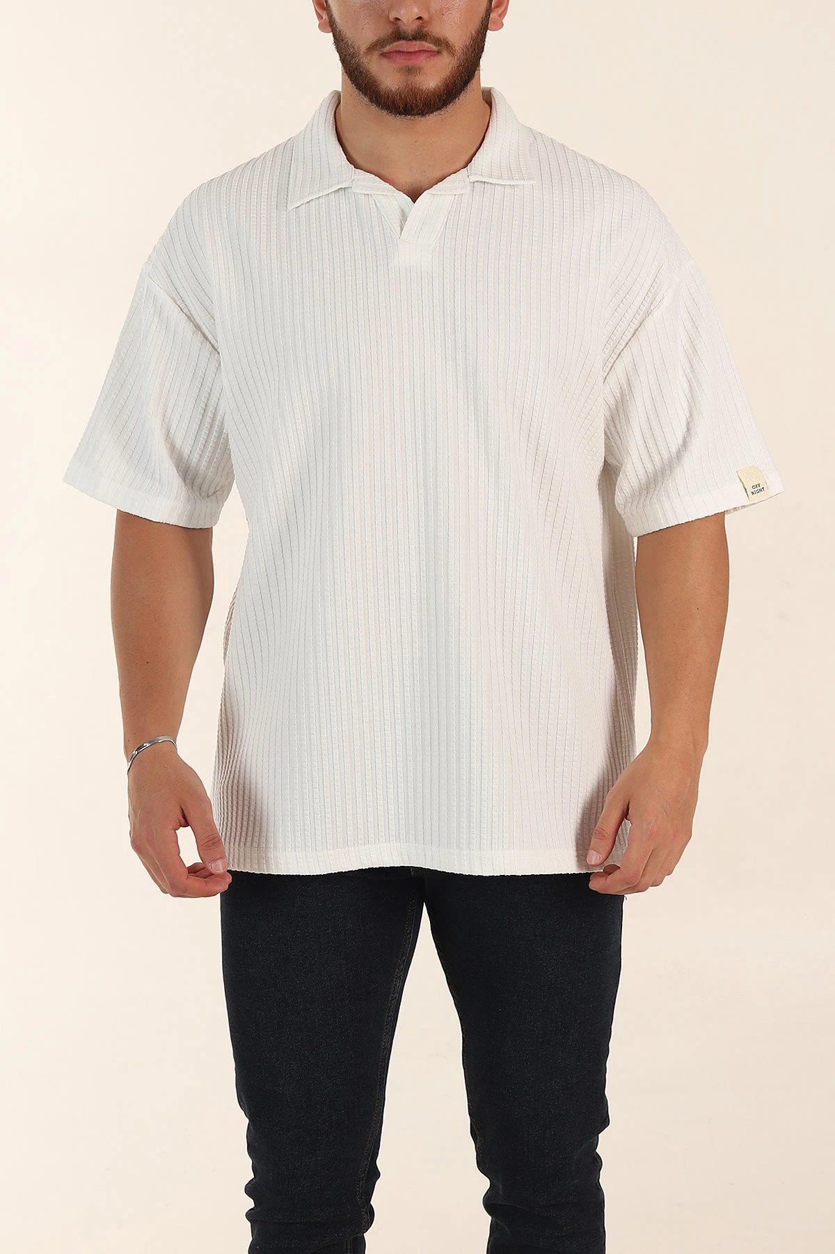 Beyaz Relaxed Fit Waffle Dokulu Patlı Polo Yaka Erkek Tişört 370299