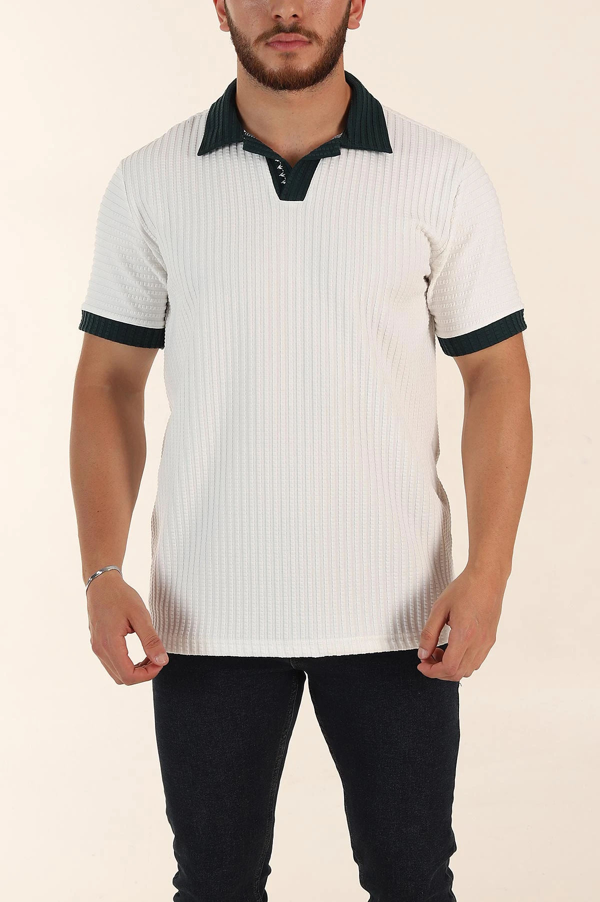 Beyaz Relaxed Fit Waffle Dokulu Polo Yaka Erkek Tişört 370349