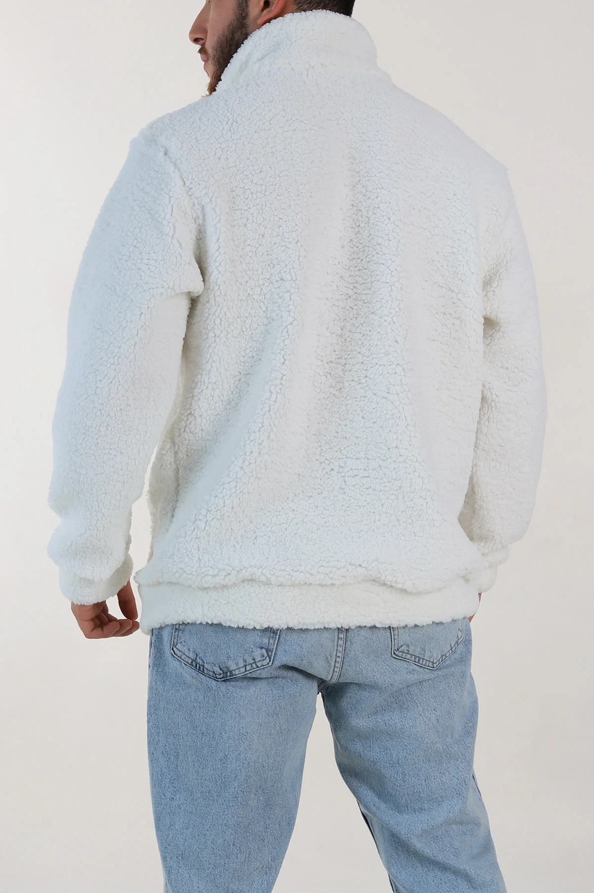 Beyaz Relaxed Fit Yazı Detaylı Yarım Fermuarlı Peluş Kanguru Sweatshirt 314248
