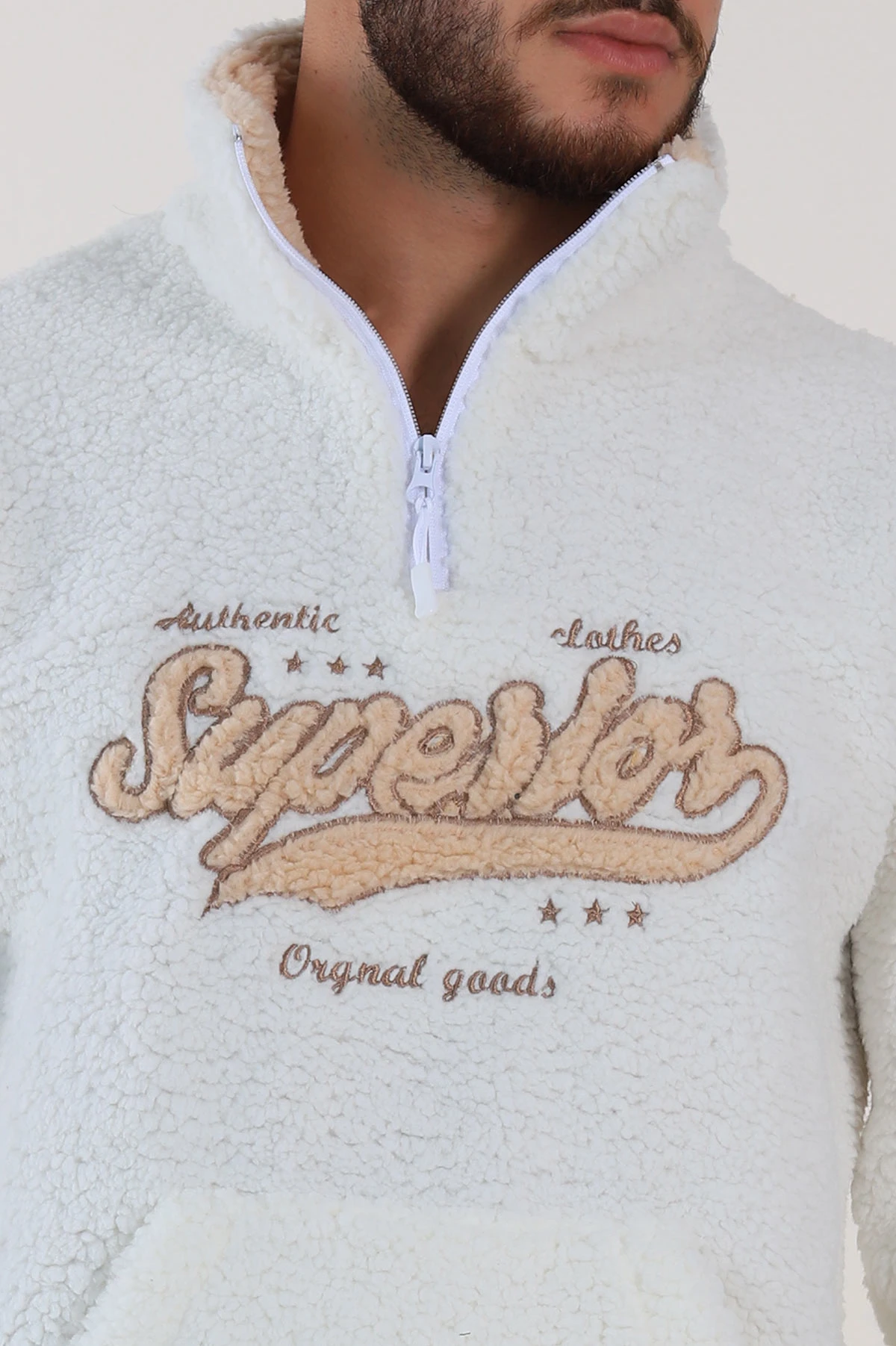 Beyaz Relaxed Fit Yazı Detaylı Yarım Fermuarlı Peluş Kanguru Sweatshirt 314248
