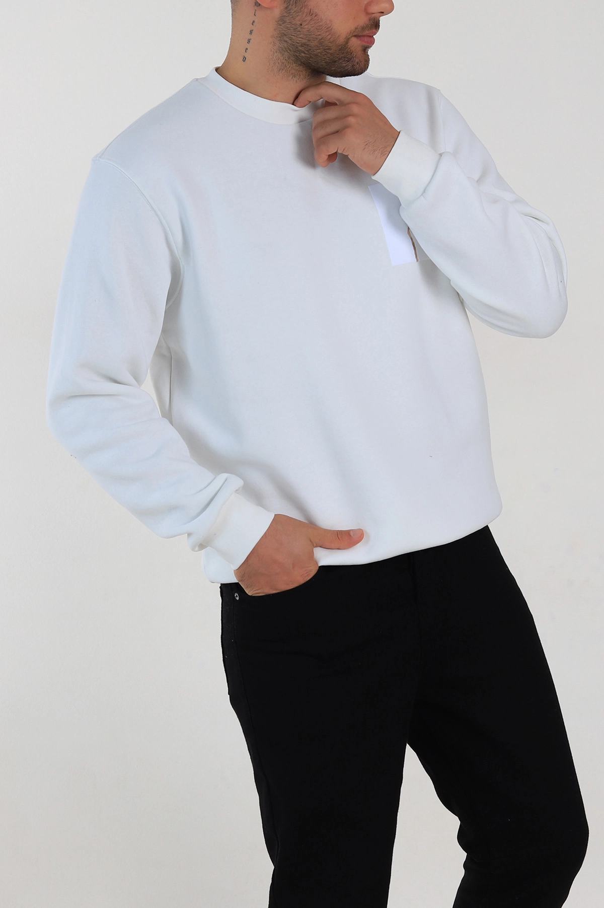 Beyaz Relaxed Üç İp Şardonlu Baskı Detaylı Erkek Sweatshirt 311193
