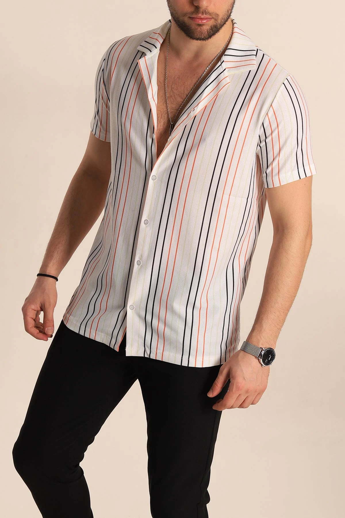 Beyaz Renkli Çizgili Slim Fit Apaş Yaka Erkek Gömlek 263331