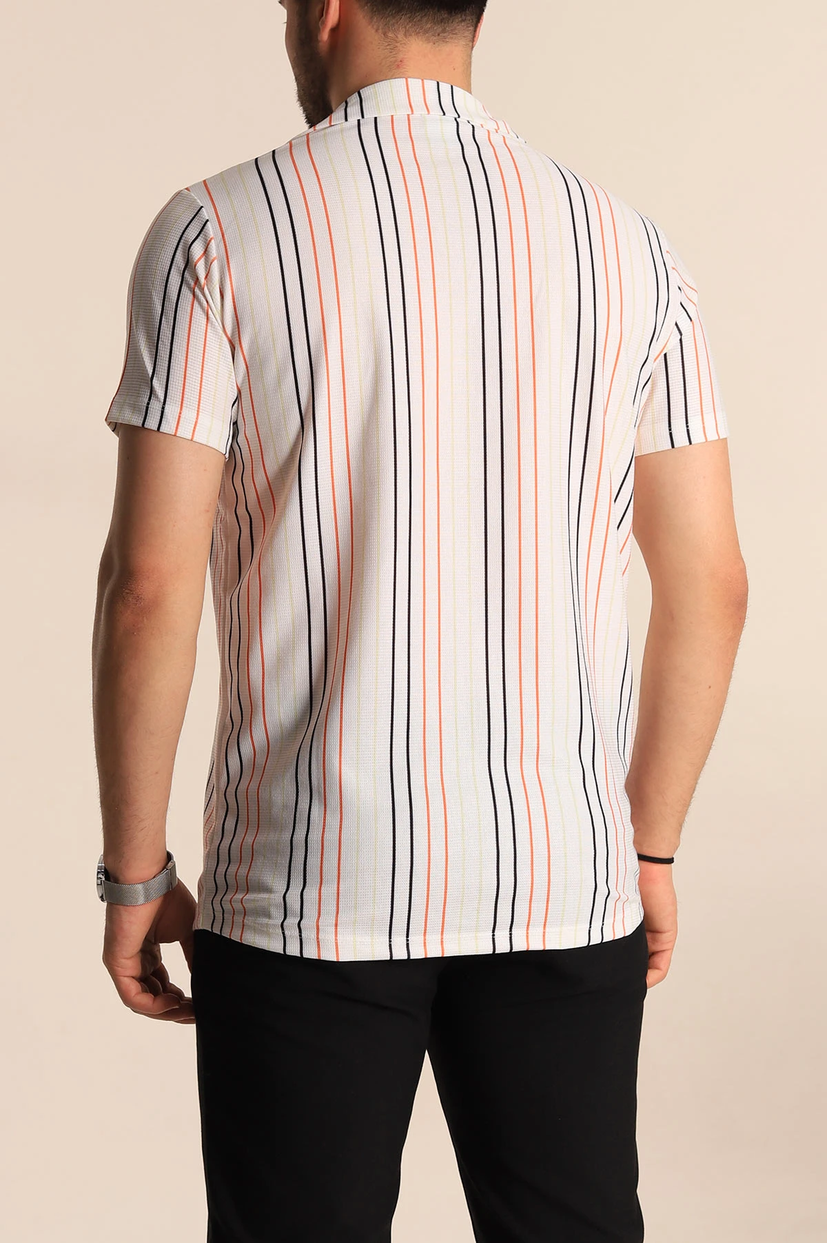 Beyaz Renkli Çizgili Slim Fit Apaş Yaka Erkek Gömlek 263331