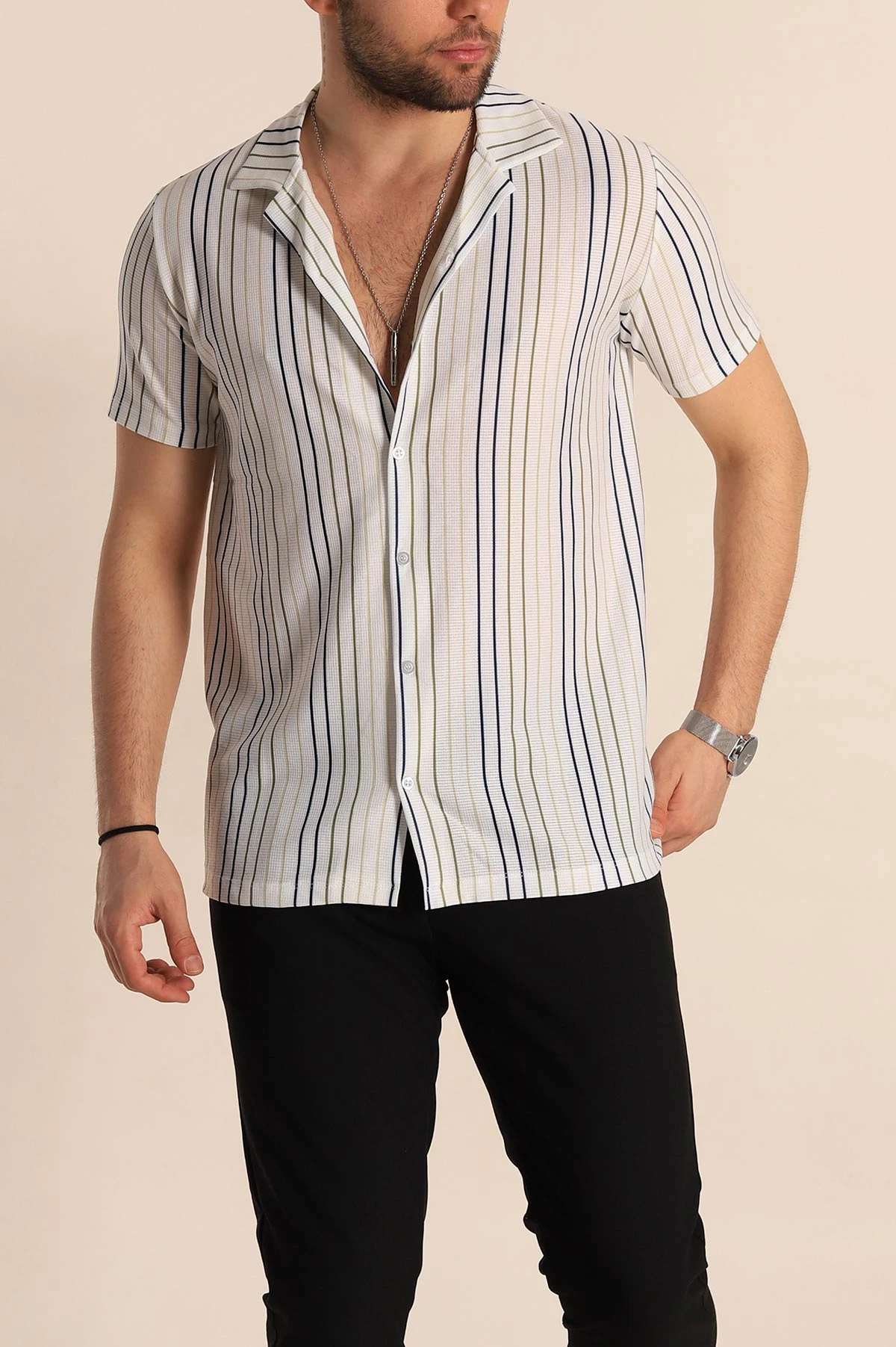 Beyaz Renkli Çizgili Slim Fit Apaş Yaka Erkek Gömlek 263897