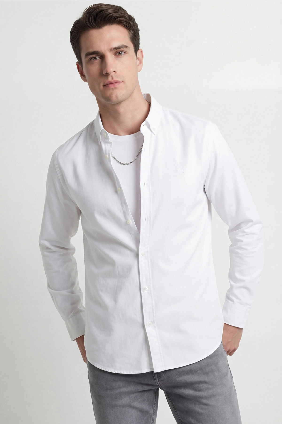 Beyaz Şambre Kumaş Relaxed Fit Erkek Gömlek 435911