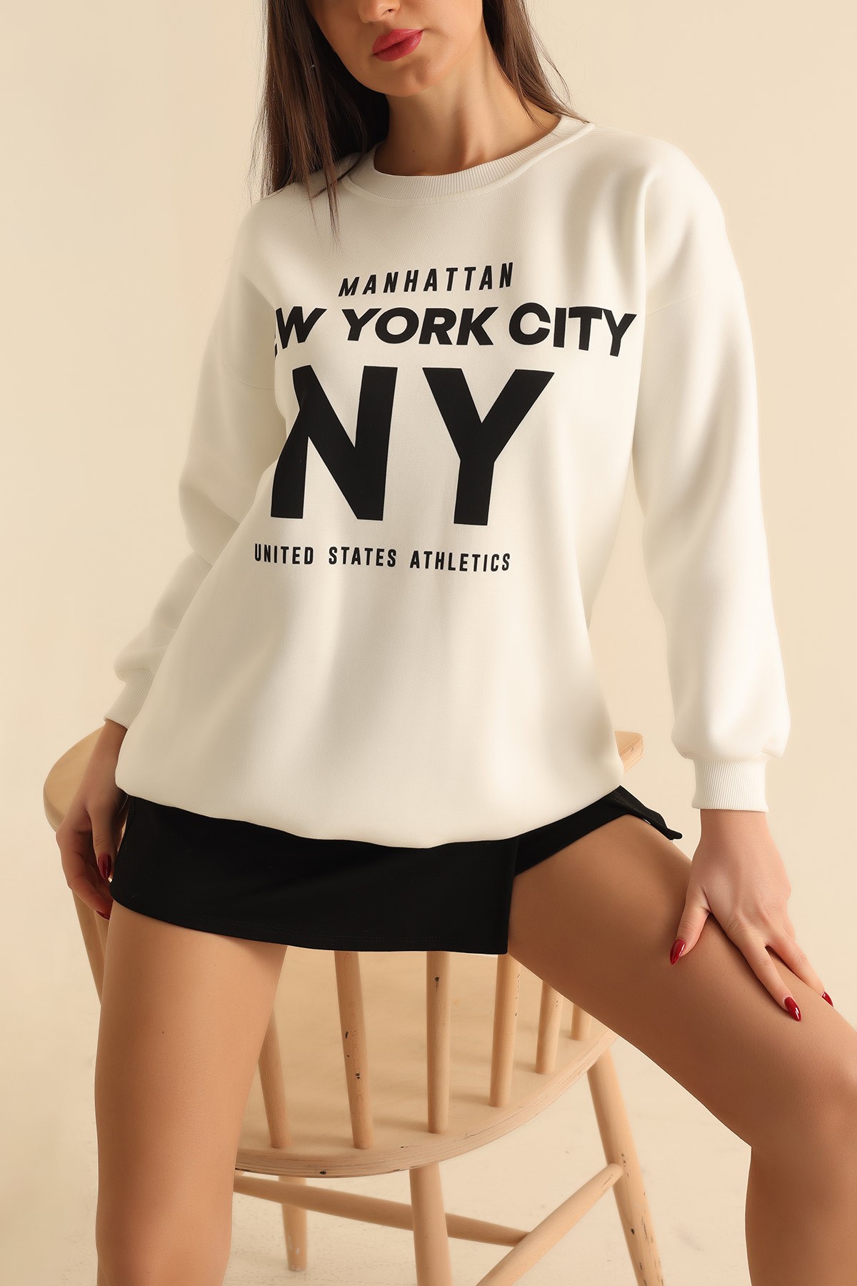 Beyaz Şardonlu Baskılı Bayan Sweat 214765