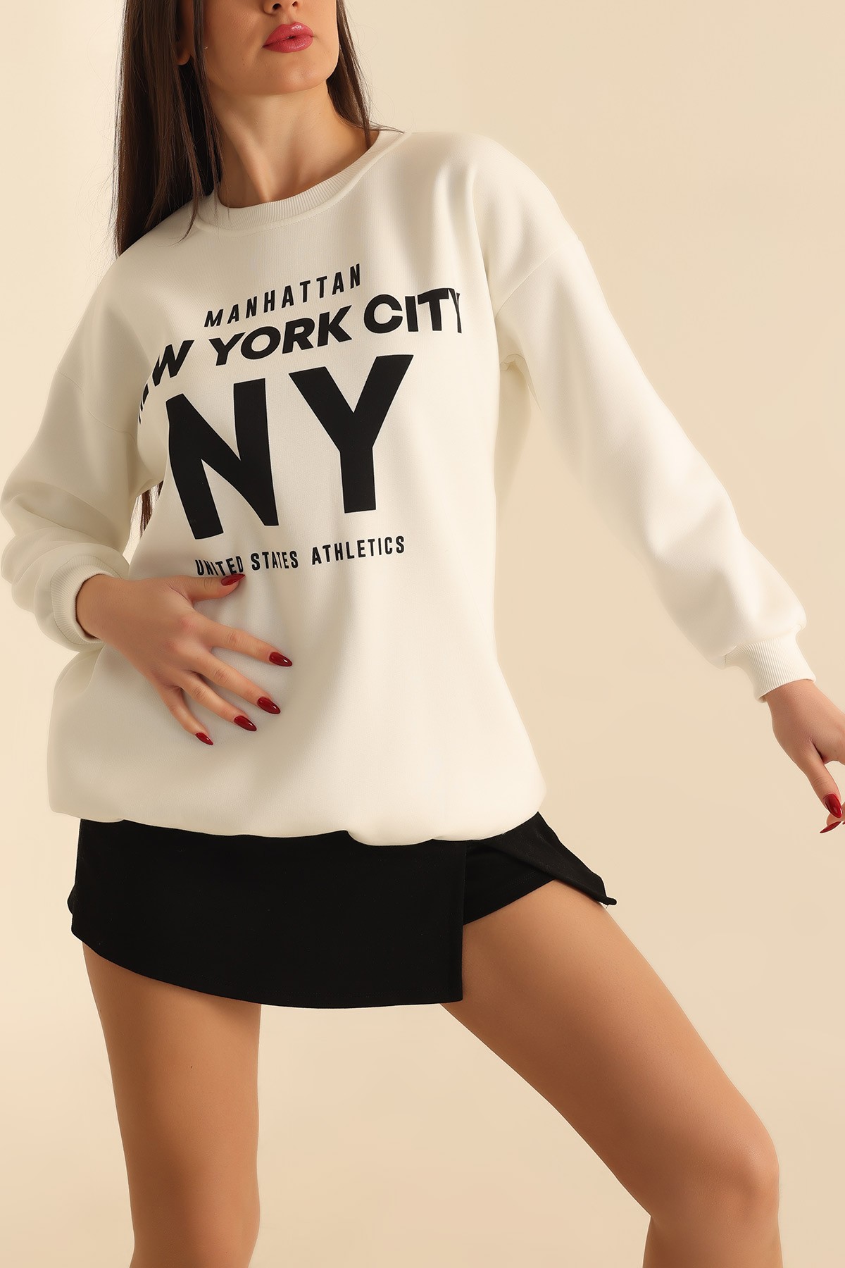 Beyaz Şardonlu Baskılı Bayan Sweat 214765