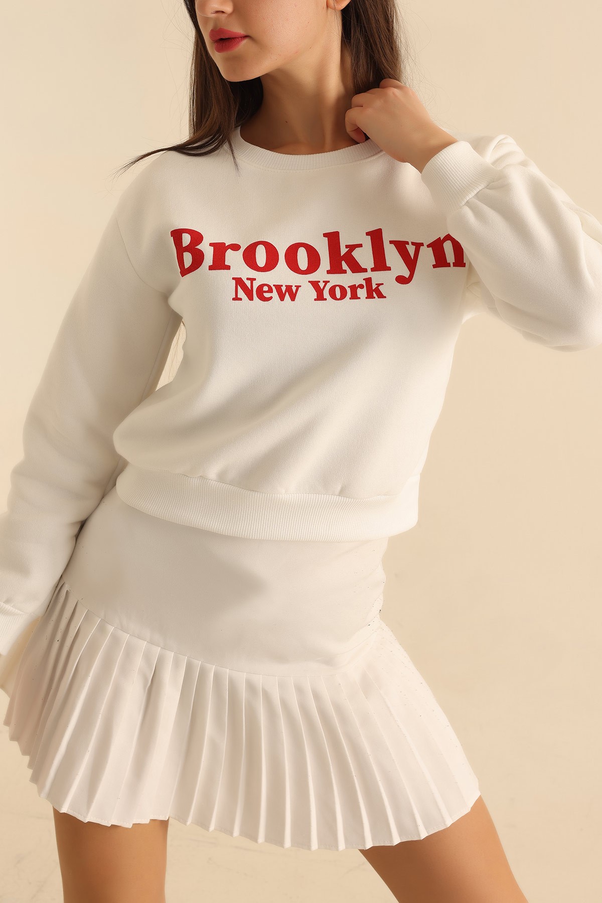 Beyaz Şardonlu Baskılı Bayan Sweat 219374