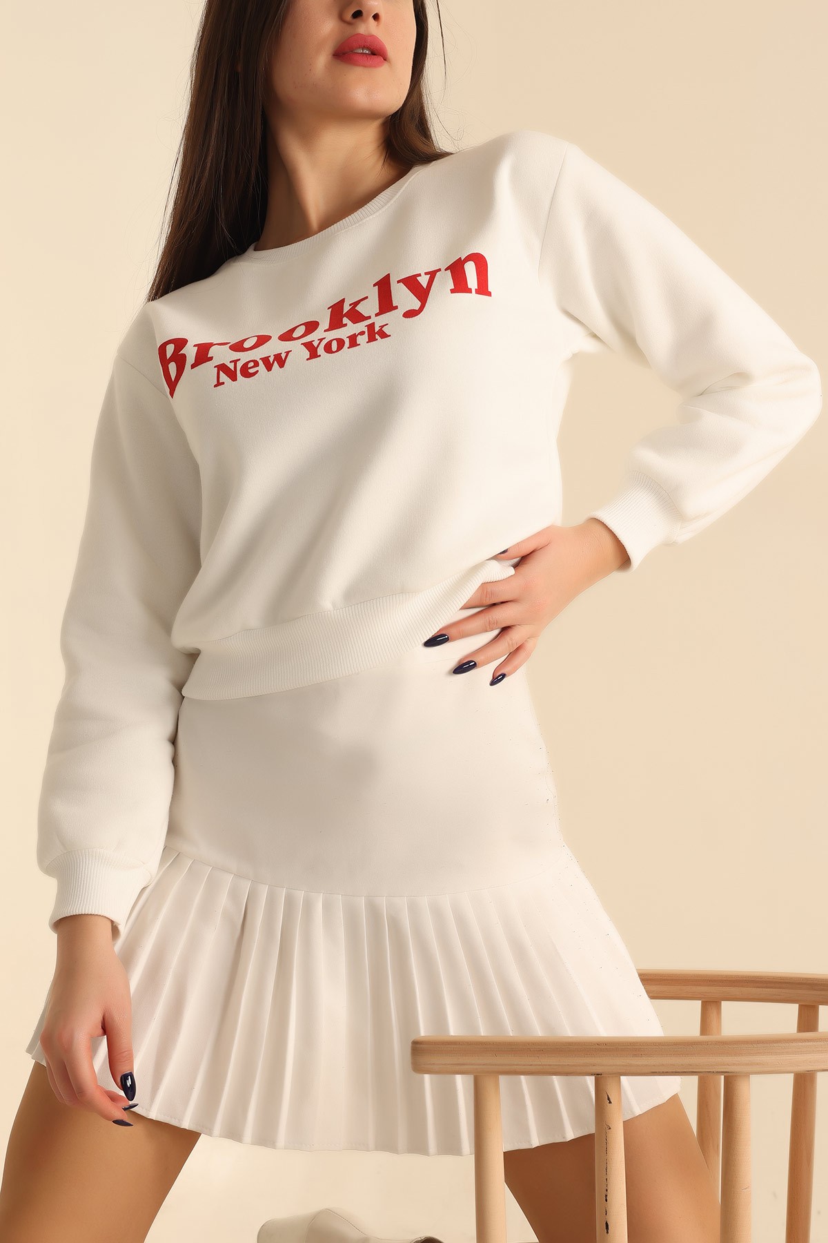 Beyaz Şardonlu Baskılı Bayan Sweat 219374
