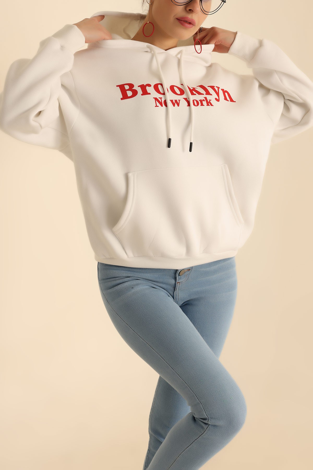 Beyaz Şardonlu Baskılı Bayan Sweat 222042