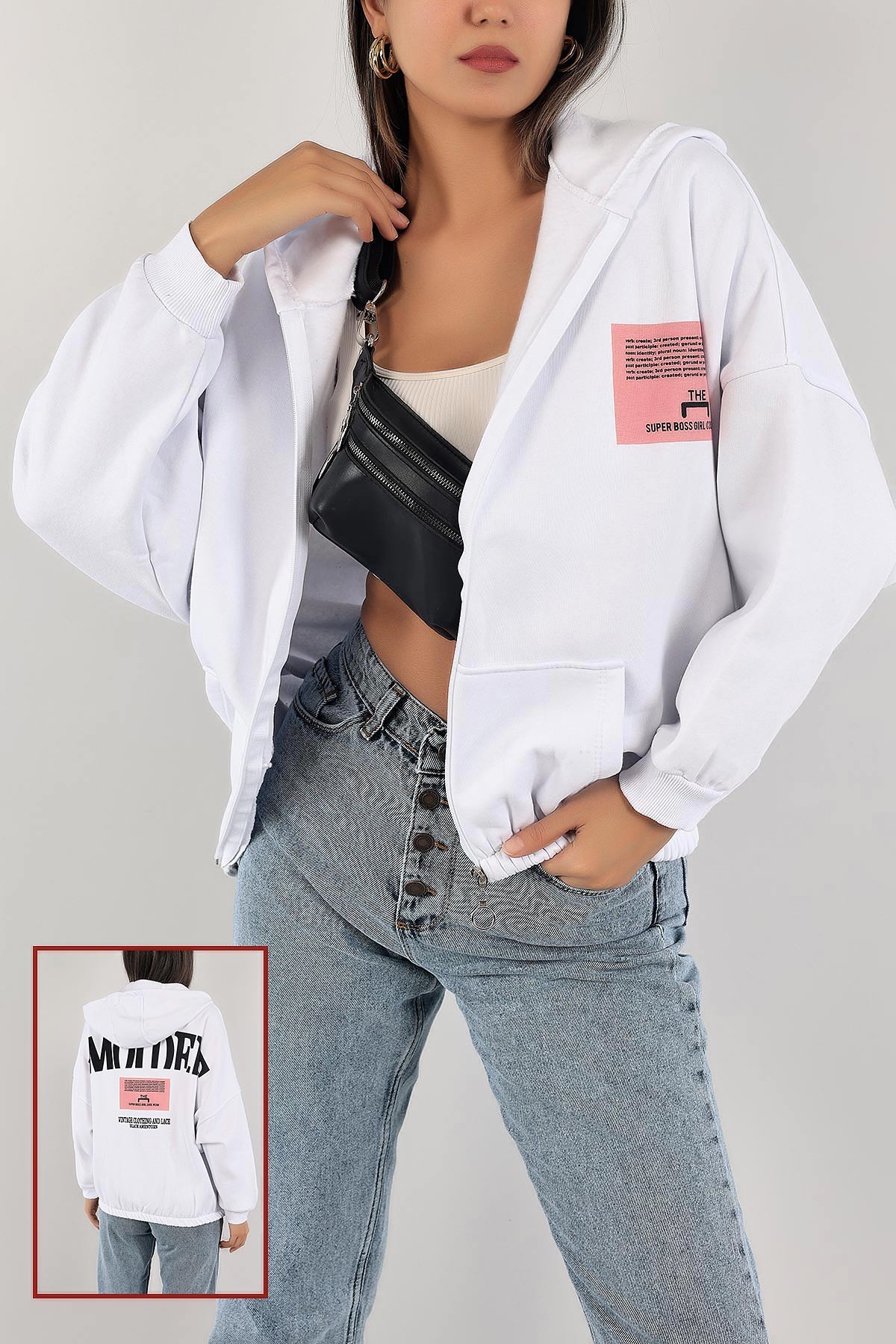 Beyaz Şardonlu Bayan Fermuarlı Sweat 132391