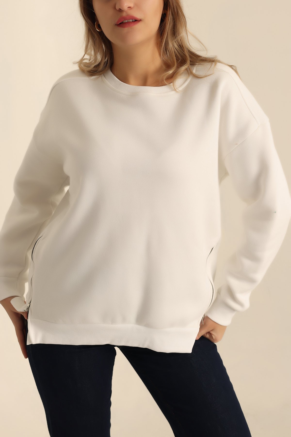Beyaz Şardonlu Fermuar Detay Sweat 224468