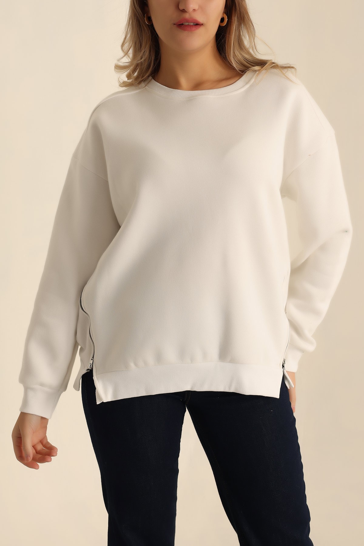 Beyaz Şardonlu Fermuar Detay Sweat 224468
