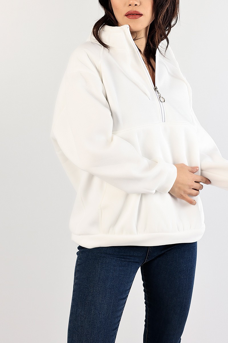 Beyaz Şardonlu Kanguru Cepli Sweat 83357