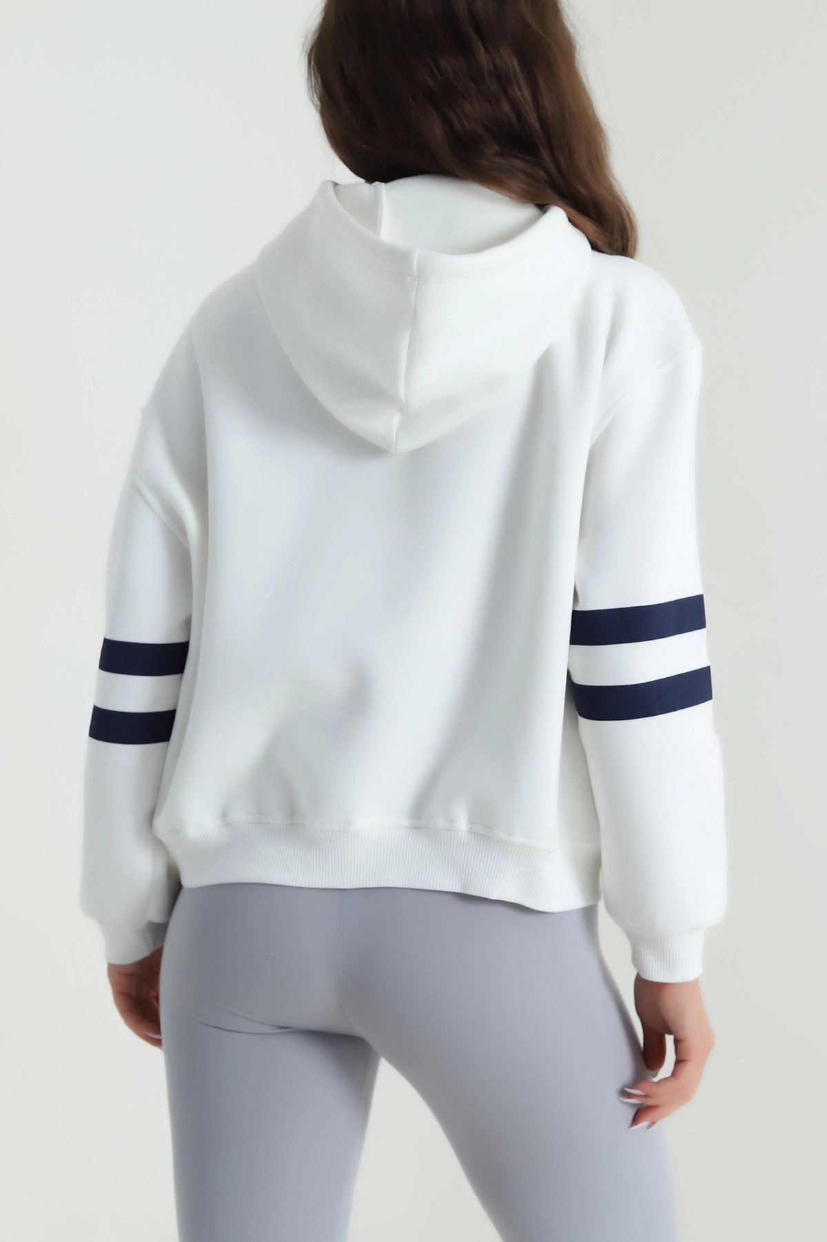 Beyaz Şardonlu Kapşonlu Üç İp Kadın Sweat 485077