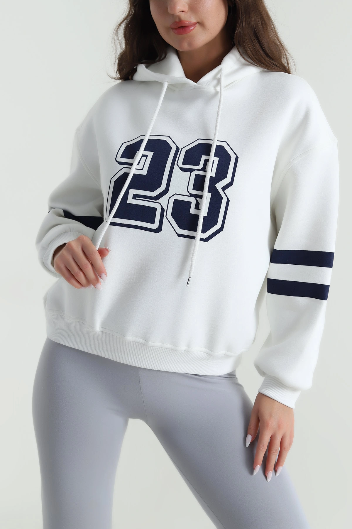 Beyaz Şardonlu Kapşonlu Üç İp Kadın Sweat 485077