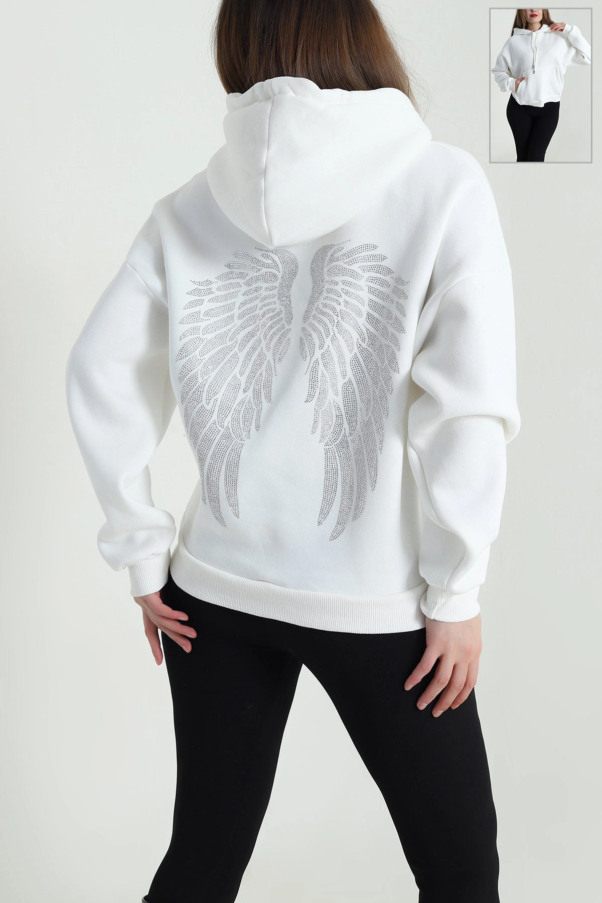 Beyaz Şardonlu Kapşonlu Üç İp Kadın Sweat 494329