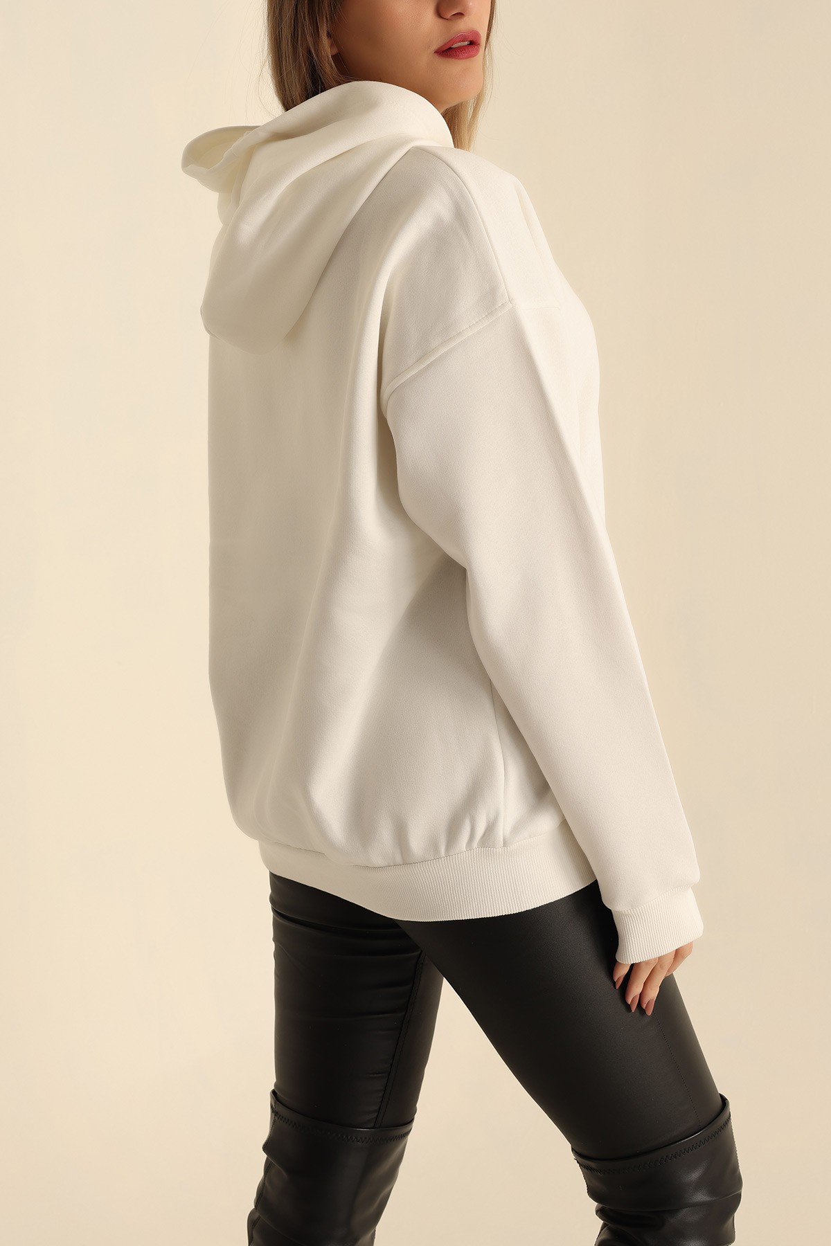 Beyaz Şardonlu Kapüşonlu Bayan Sweat 222809