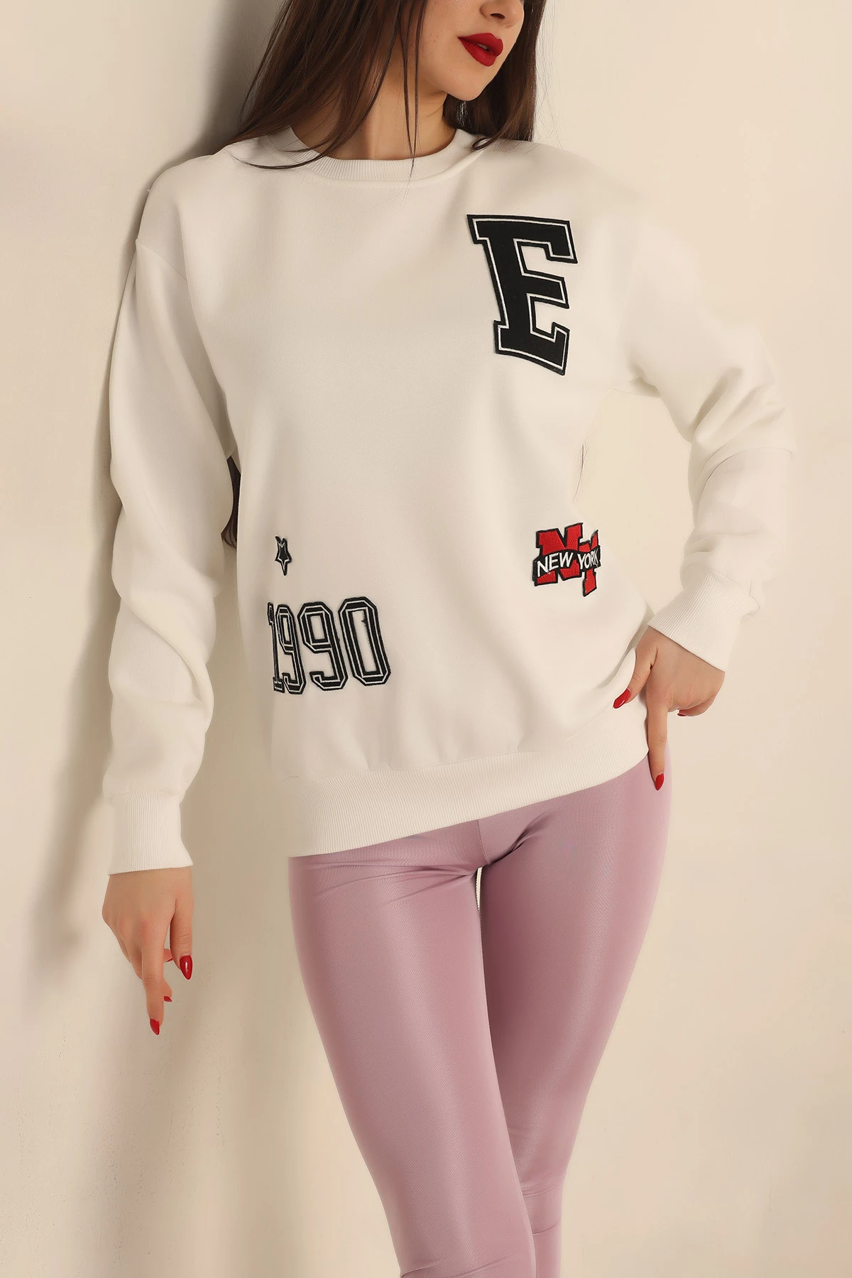Beyaz Şardonlu Nakışlı Bayan Sweat 237619