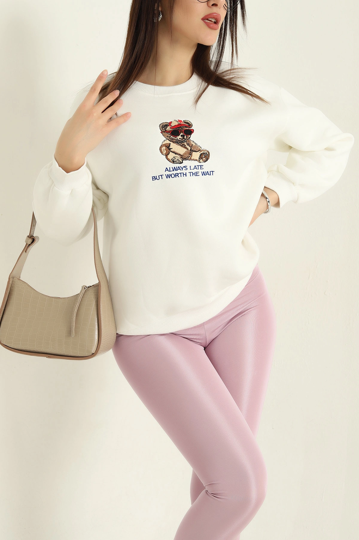 Beyaz Şardonlu Üç İp Bayan Sweat 332352