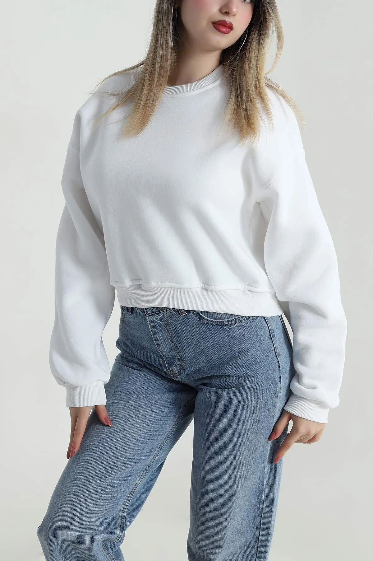 Beyaz Şardonlu Üç İp Kadın Fermuarsız Sweat 486052