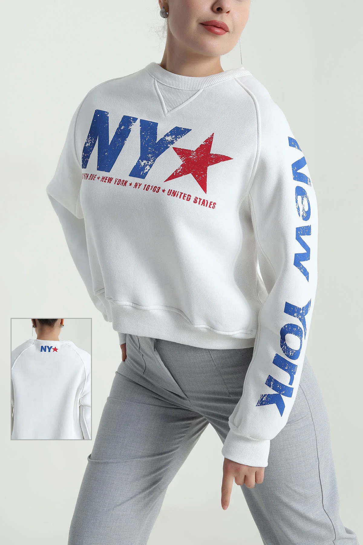 Beyaz Şardonlu Üç İp Kadın Fermuarsız Sweat 493840