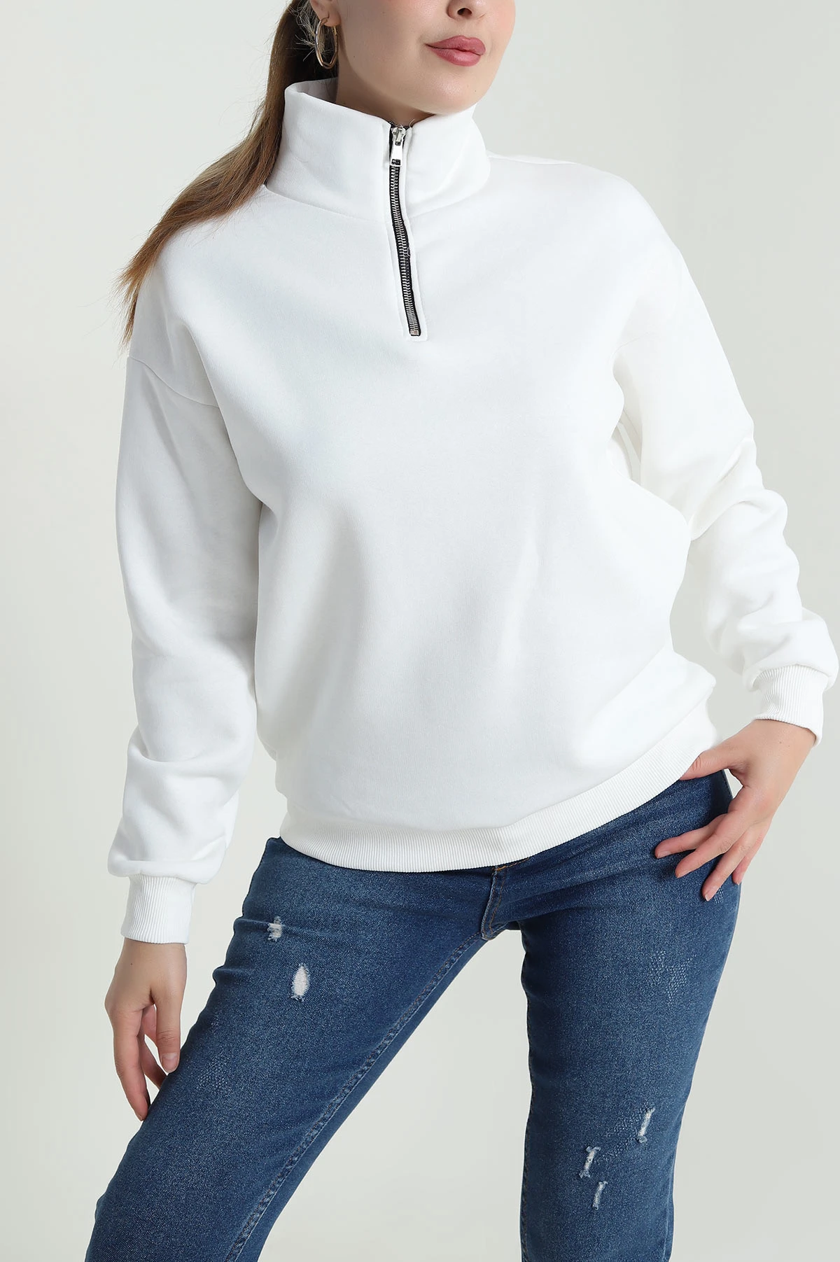 Beyaz Şardonlu Üç İp Kadın Sweat 484596