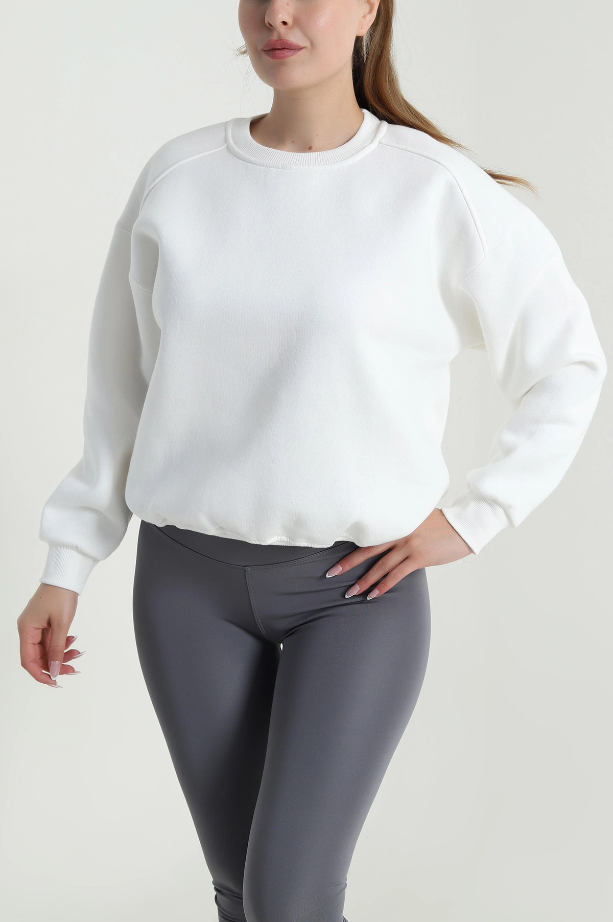 Beyaz Şardonlu Üç İp Kadın Sweat 485105