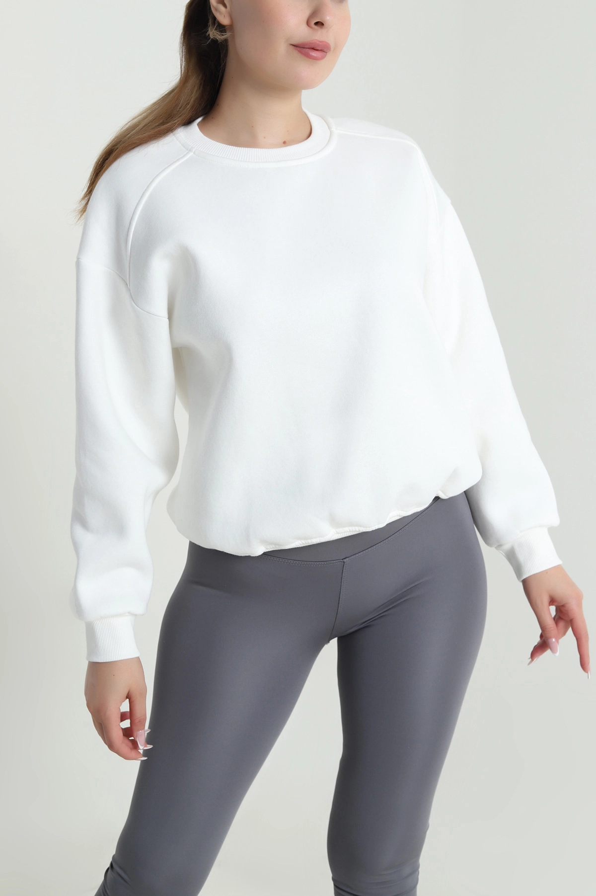 Beyaz Şardonlu Üç İp Kadın Sweat 485105